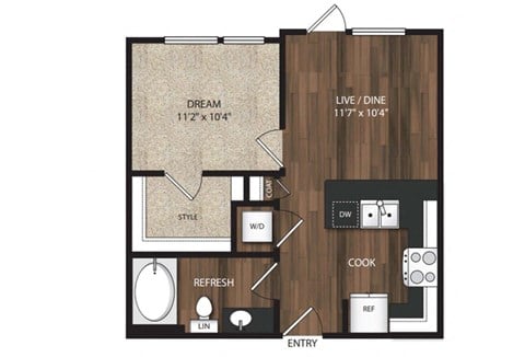 Floor plan for 1 bed, 1 bath, 557 sqft